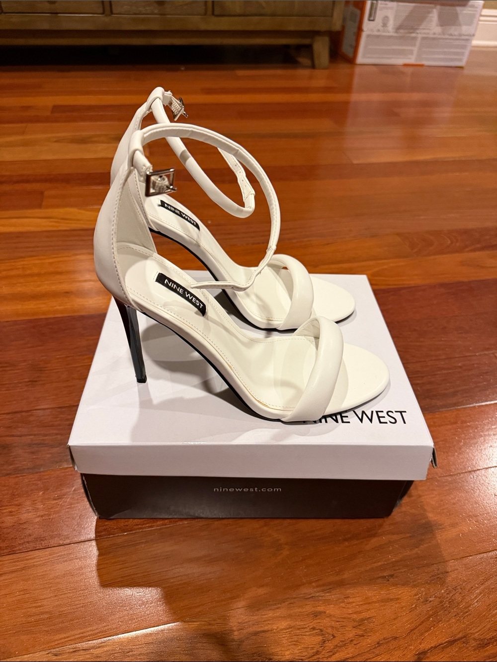 Nine West White Stiletto Ankle-Strap Sandals